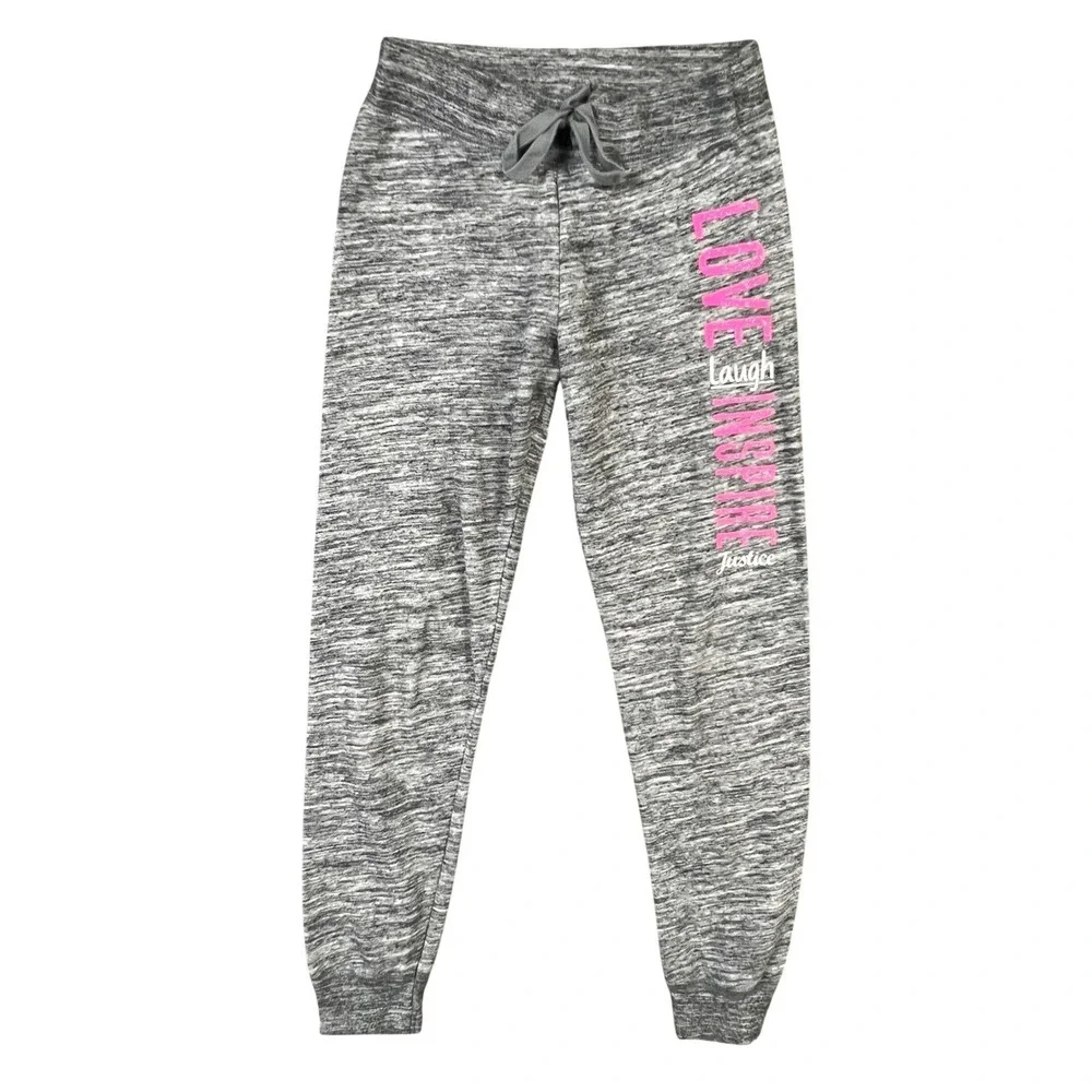 Justice Jogger Sweatpants Girls Size 10 Gray Love Laugh Inspire Graphic Athletic